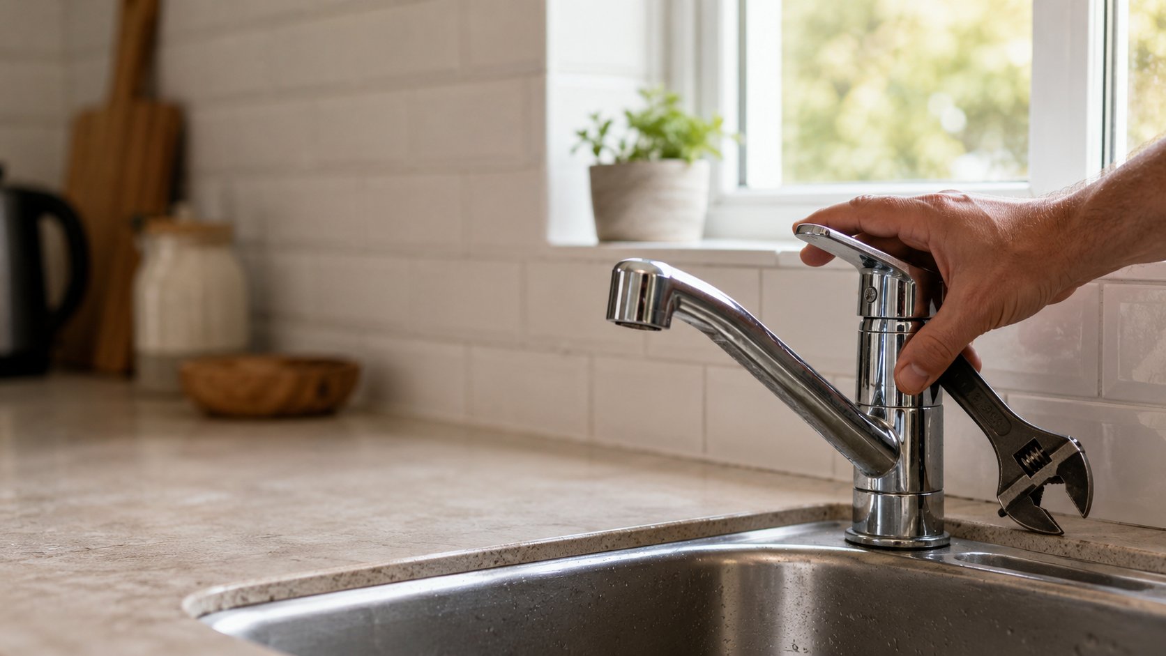 Homeowner's hand resting on a kitchen sink faucet — plumbing repair guides for homeowners who want a real answer