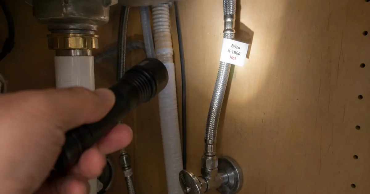 How to identify faucet brand — under-sink view showing braided supply lines where Delta and some Moen faucets keep their model tag