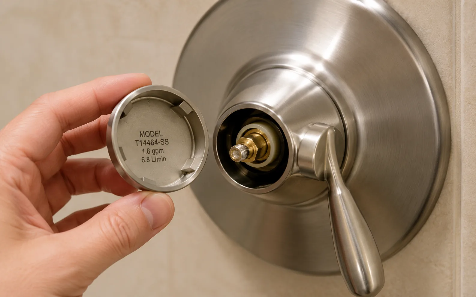 Delta cartridge identification step 1: where to find the model number on a Delta single-handle shower trim plate