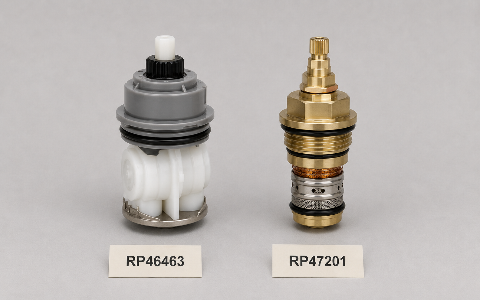 Delta cartridge identification 17 vs 17T: RP46463 pressure-balanced cartridge (left) versus RP47201 thermostatic cartridge (right)