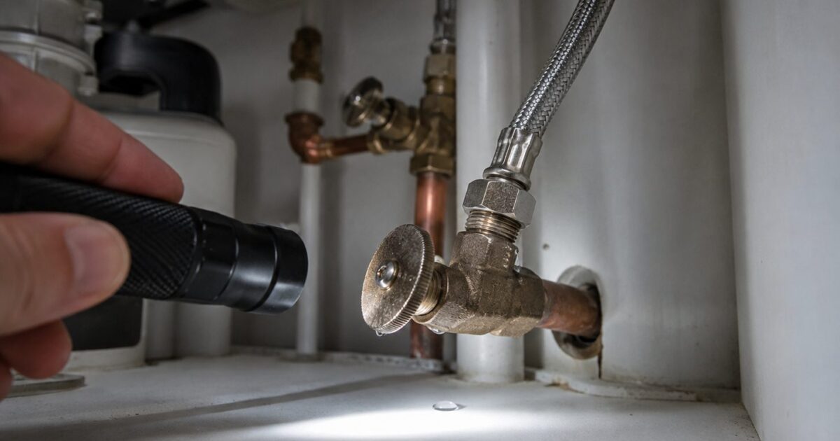 Why is my faucet leaking - under-sink diagnostic showing a hand with a flashlight on a brass shut-off valve and a water droplet at the threaded supply-line connection