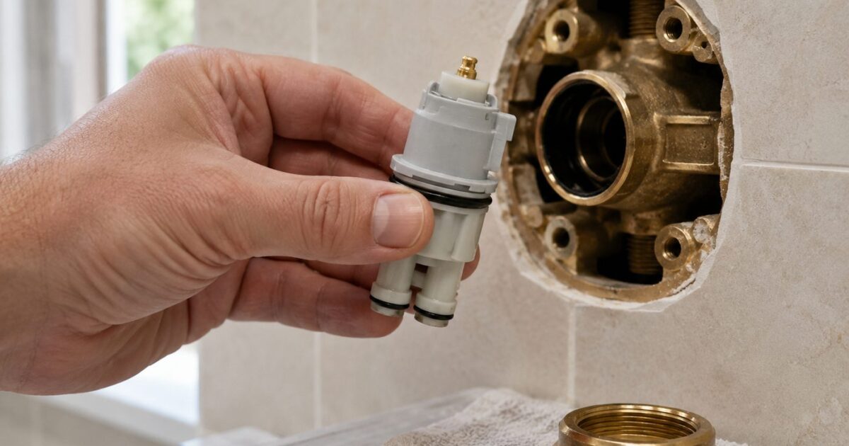 How to replace a Delta shower cartridge — close-up of a homeowner's hand lifting a Delta 1700-series cartridge out of an exposed valve body, bonnet nut set aside on the counter