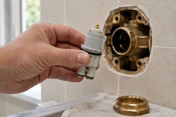 How to replace a Delta shower cartridge — close-up of a homeowner's hand lifting a Delta 1700-series cartridge out of an exposed valve body, bonnet nut set aside on the counter