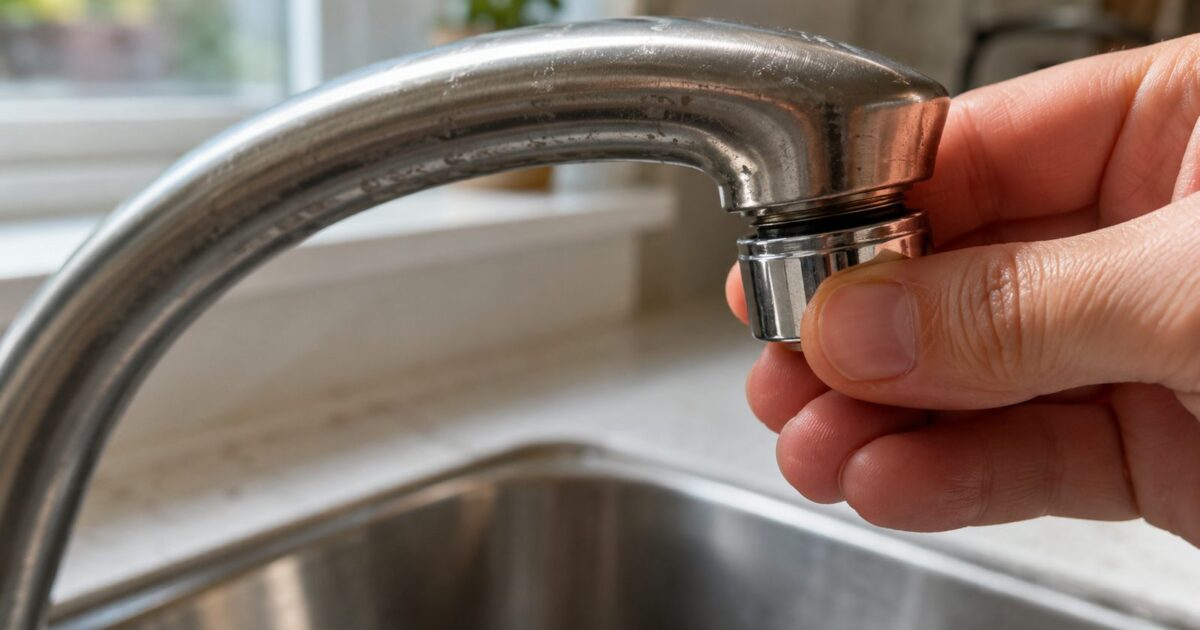 How to replace a faucet aerator — close-up of a hand unscrewing the silver aerator cap from a kitchen faucet spout