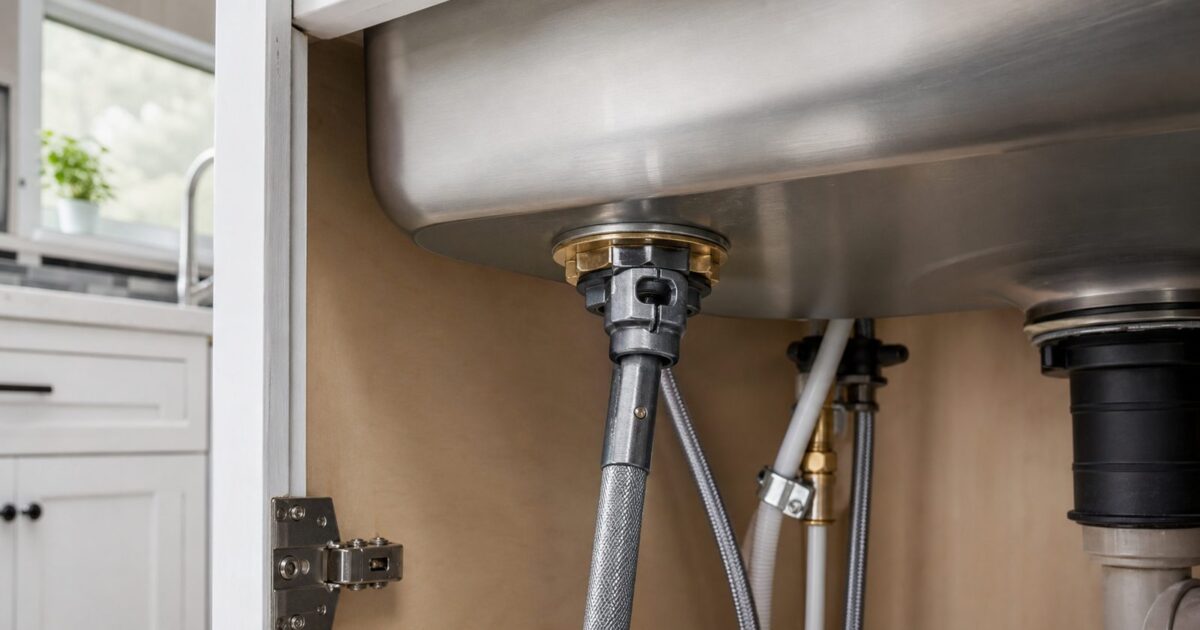 How to replace a kitchen faucet — basin wrench reaching the mounting nut under a stainless sink during a homeowner DIY install