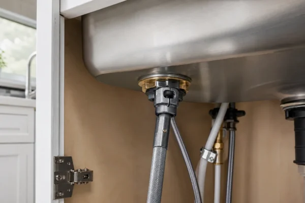 How to replace a kitchen faucet — basin wrench reaching the mounting nut under a stainless sink during a homeowner DIY install