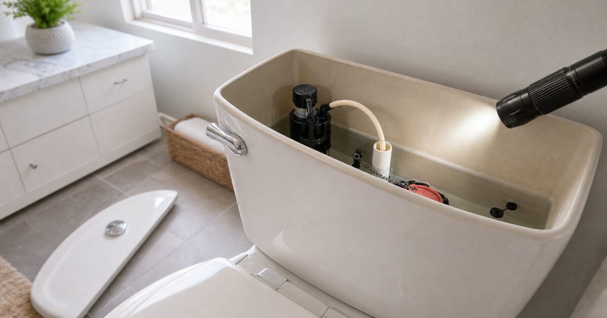 Toilet repair guide hero showing a homeowner inspecting an open toilet tank with flashlight in hand
