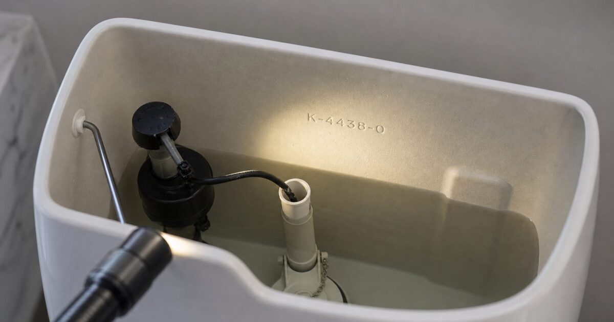 How to identify your toilet brand and model: flashlight angled across the back wall of an open toilet tank to read the stamped model number