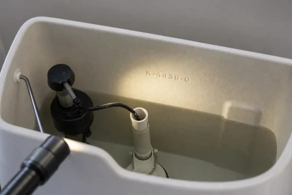 How to identify your toilet brand and model: flashlight angled across the back wall of an open toilet tank to read the stamped model number