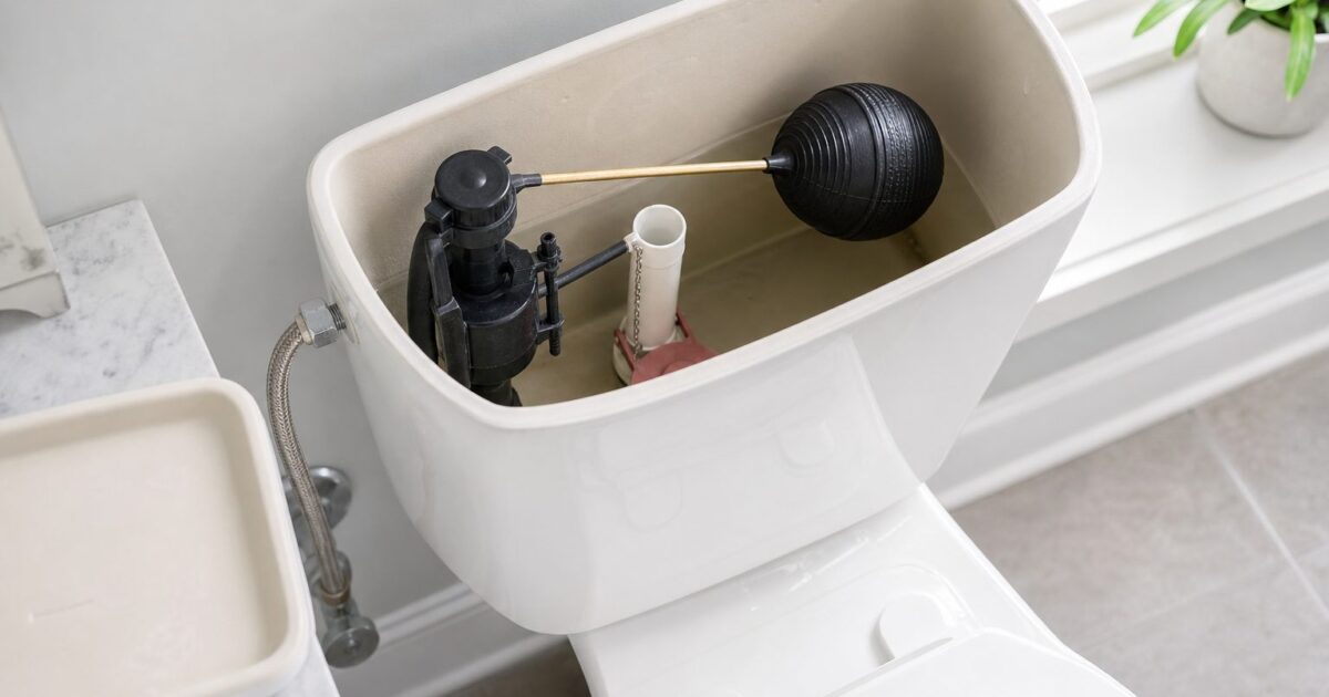 Why is my toilet running diagnostic hero showing a homeowner inspecting the toilet tank with the float lifted to check the fill valve