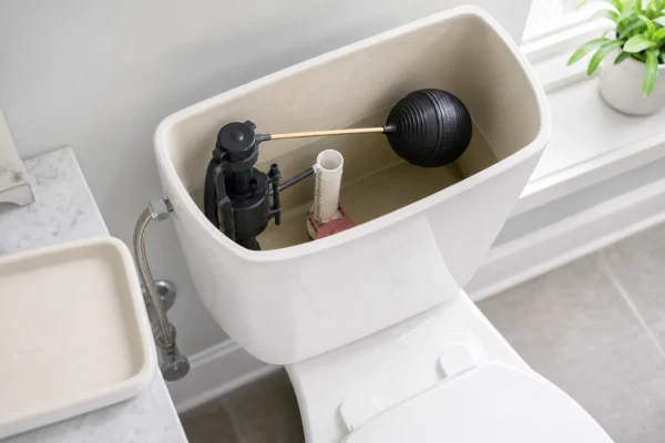 Why is my toilet running diagnostic hero showing a homeowner inspecting the toilet tank with the float lifted to check the fill valve