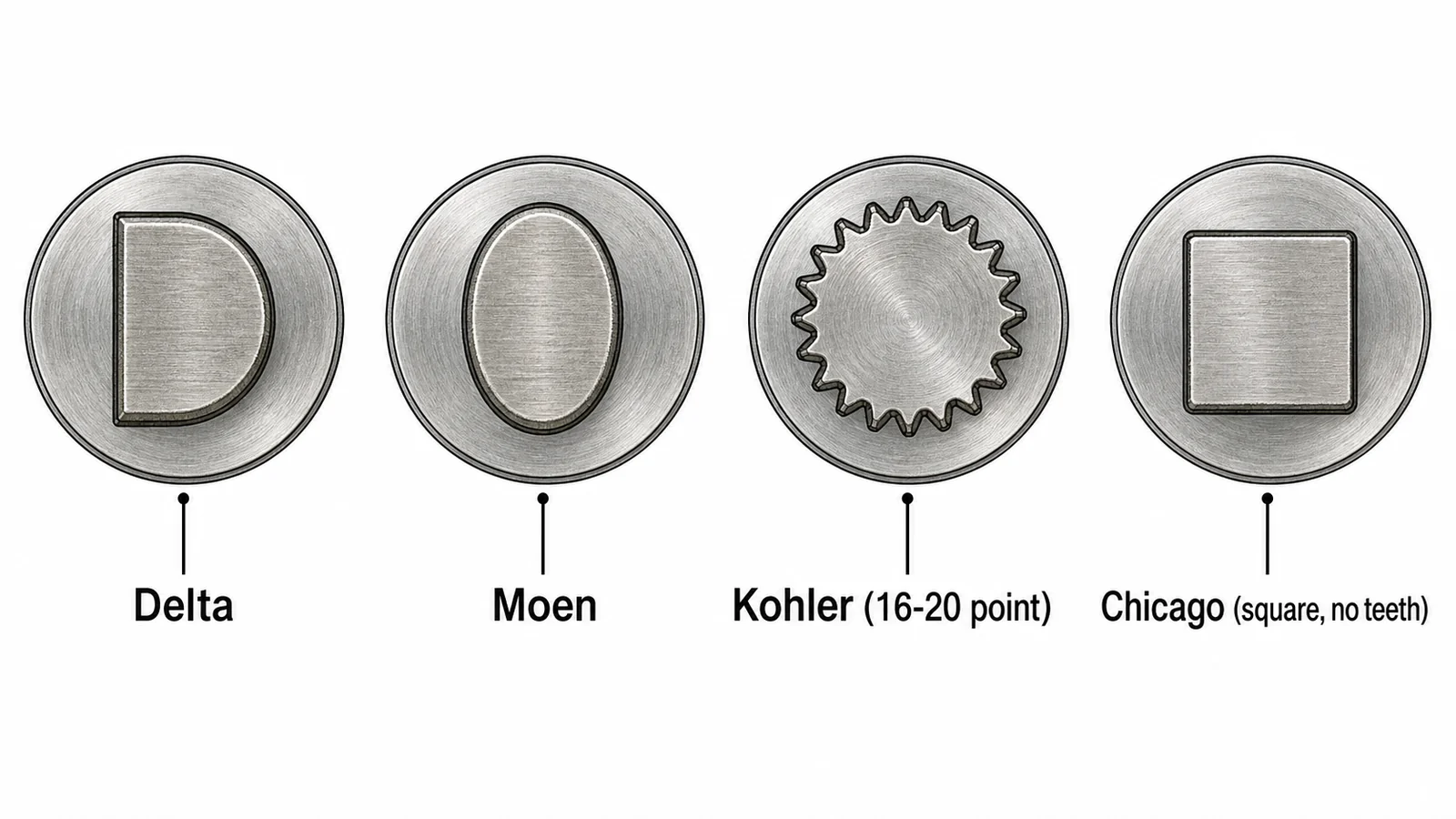 Diagram comparing faucet stem broach shapes by brand: Delta D-shape, Moen oval, Kohler multi-point spline, and Chicago square