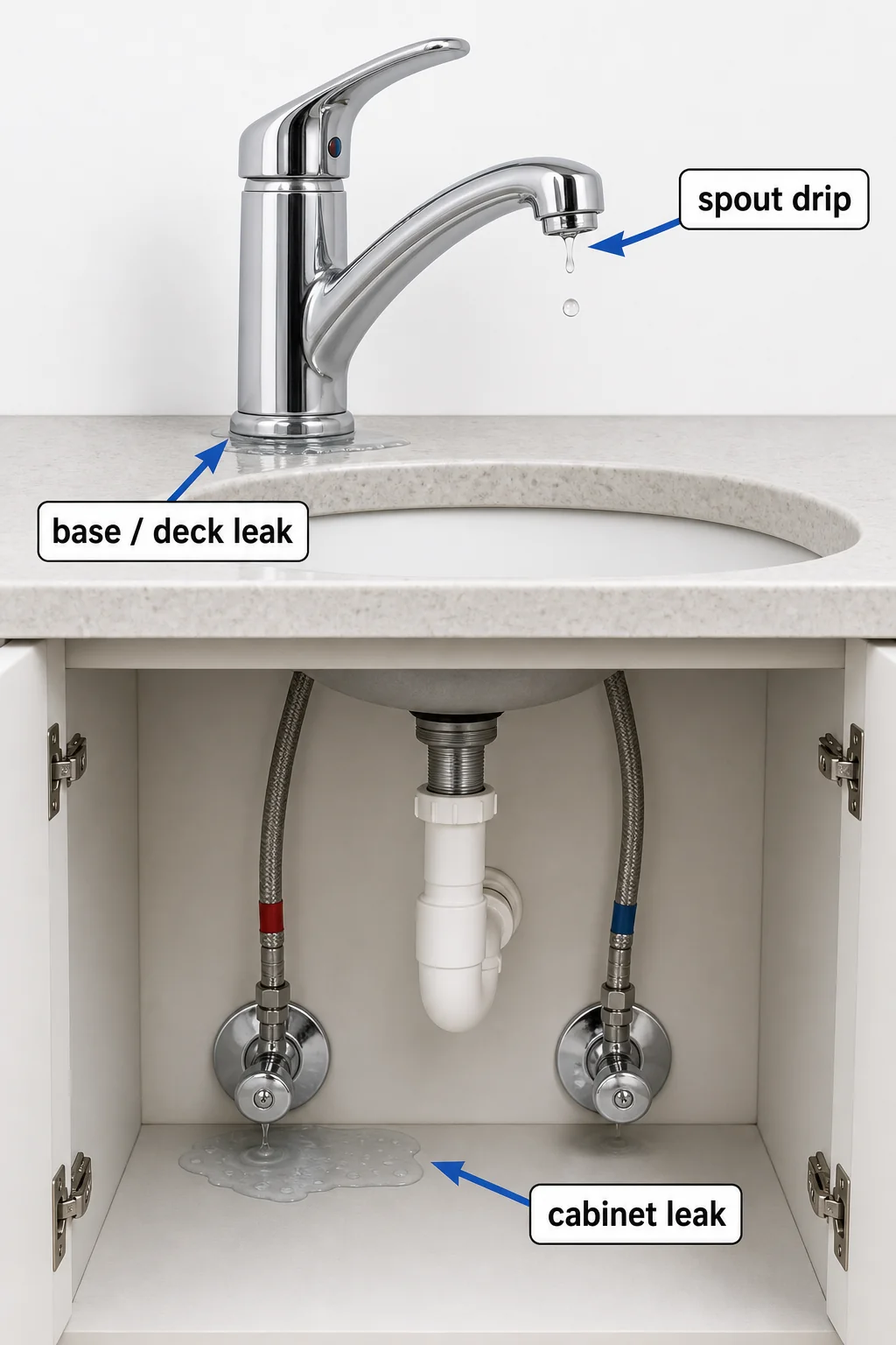 Diagram of a sink faucet showing the three places it leaks: a spout drip, a base or deck leak, and an under-sink cabinet leak