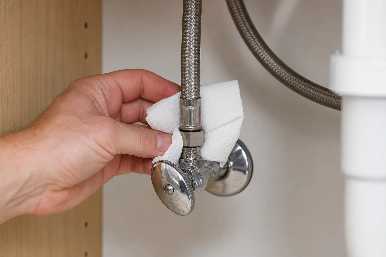 Wrapping a paper towel around an under-sink supply-line connection to find which joint is leaking