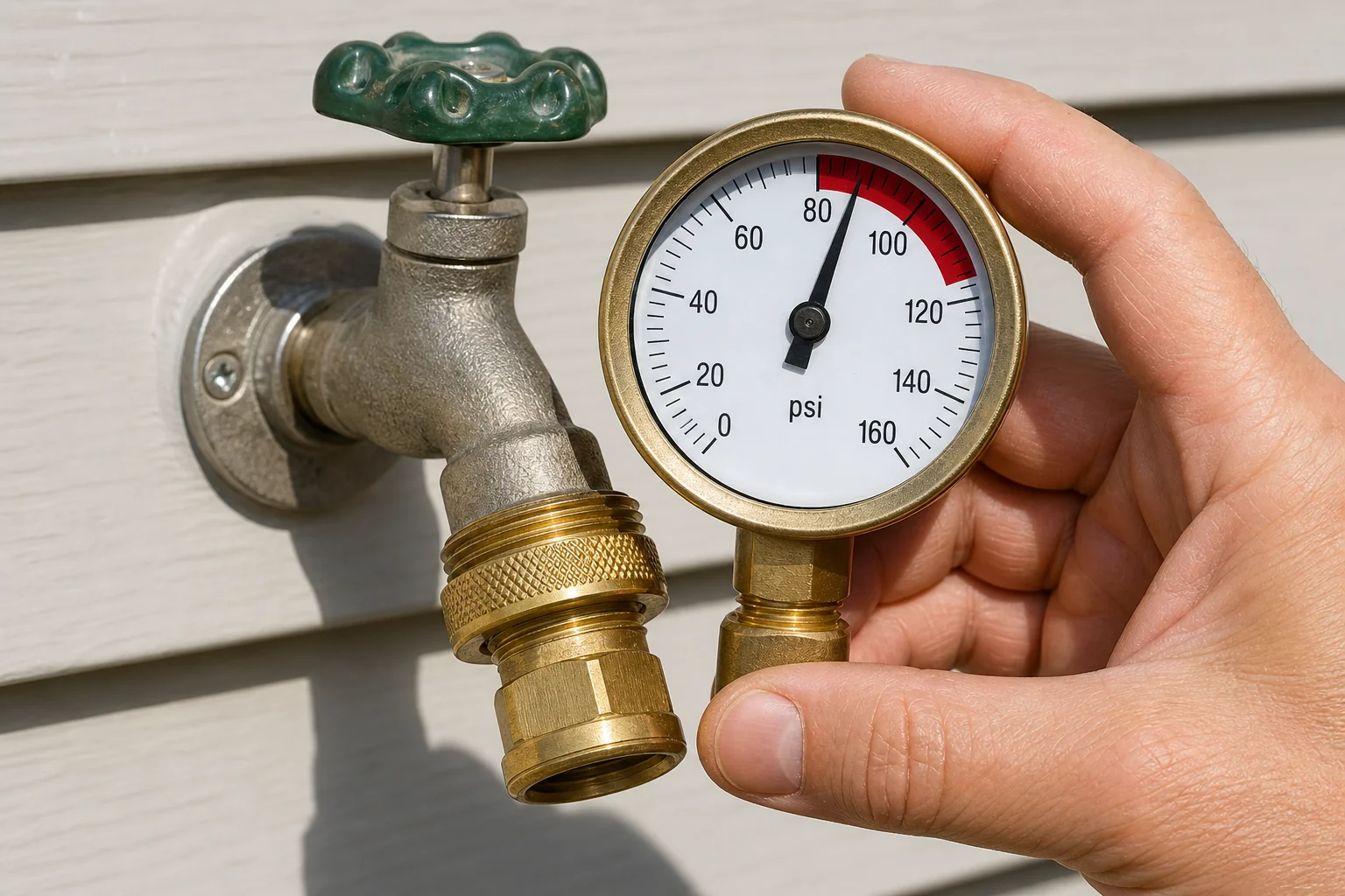 A water-pressure gauge on an outdoor hose bib reading about 90 psi, above the safe 40 to 60 psi range