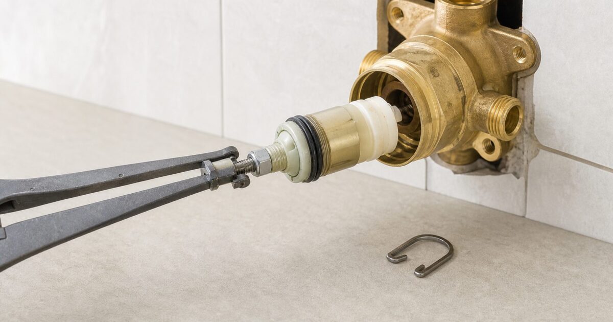 Moen 1225 cartridge replacement showing the cartridge being pulled from the valve body with U-clip set aside
