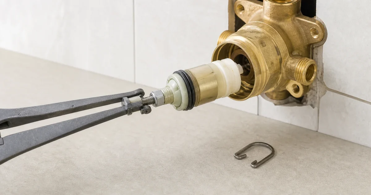 Moen 1225 cartridge replacement showing the cartridge being pulled from the valve body with U-clip set aside