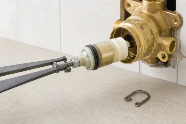Moen 1225 cartridge replacement showing the cartridge being pulled from the valve body with U-clip set aside