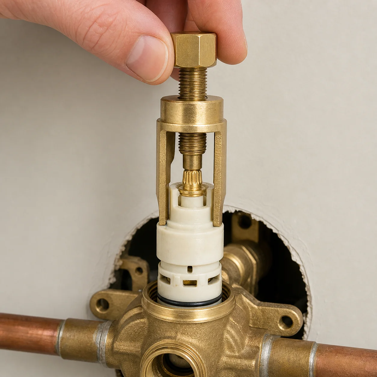 A cartridge puller tool threaded onto a stuck Moen 1225 cartridge to draw it straight out of the valve body