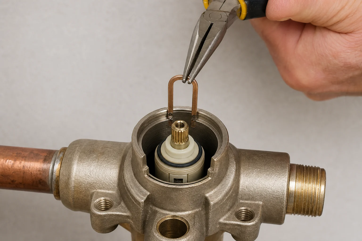 Pulling the copper U-shaped retaining clip straight up out of a Moen 1225 valve body with needle-nose pliers