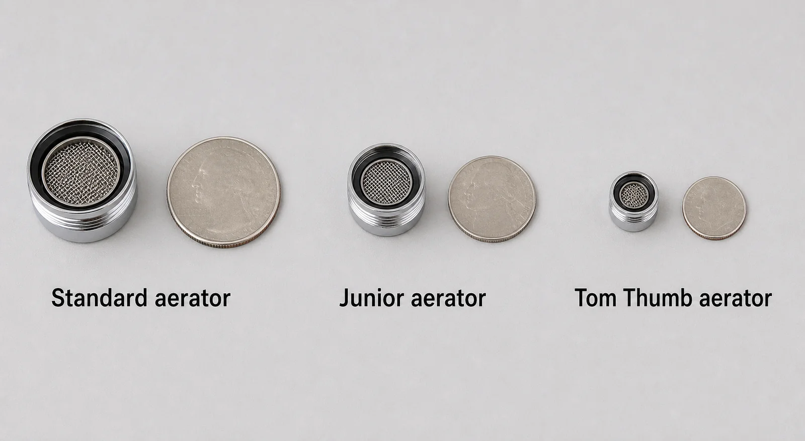 Three faucet aerators sized against coins: regular next to a quarter, junior next to a nickel, Tom Thumb next to a dime