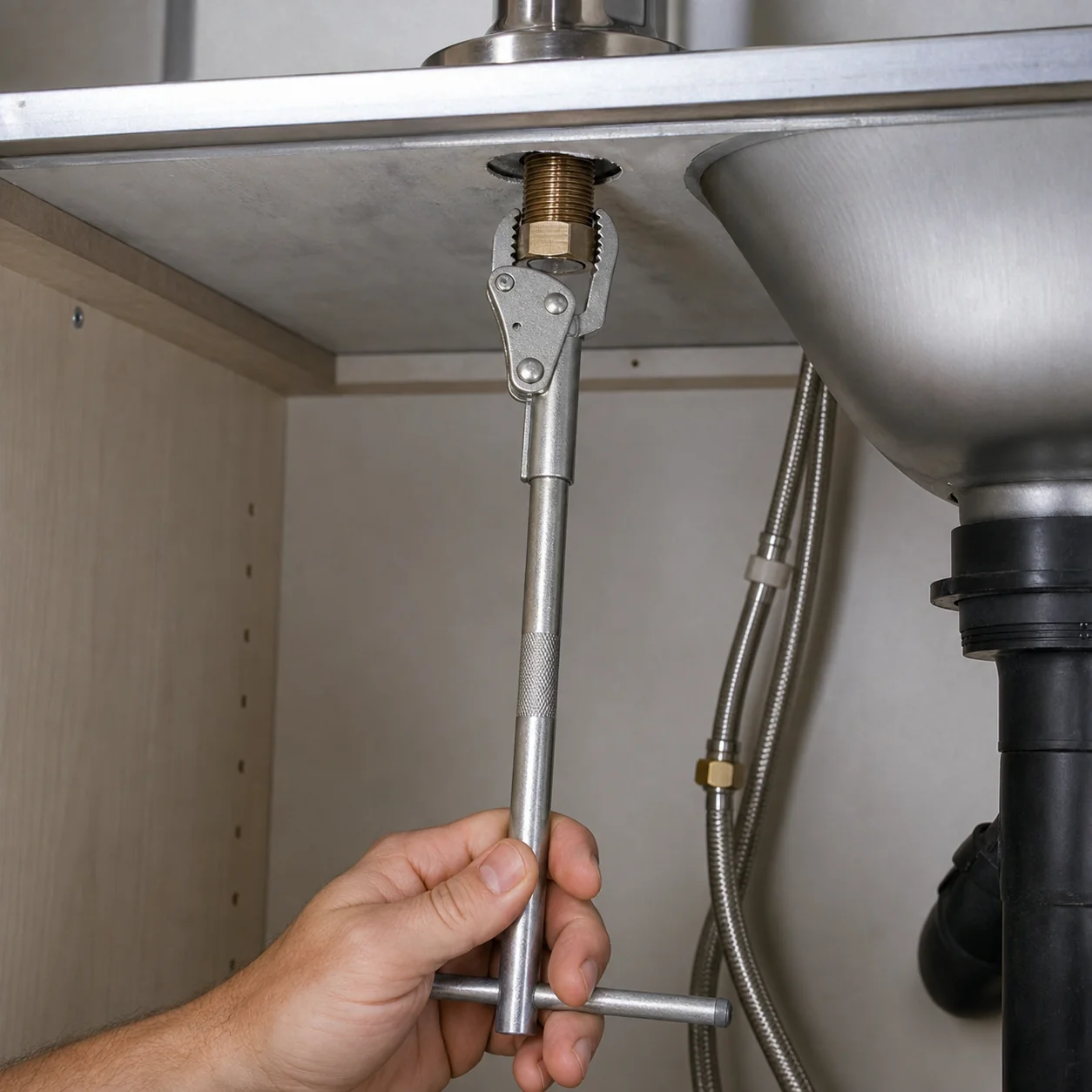 A basin wrench gripping a kitchen faucet mounting nut against the underside of the sink deck from inside the cabinet