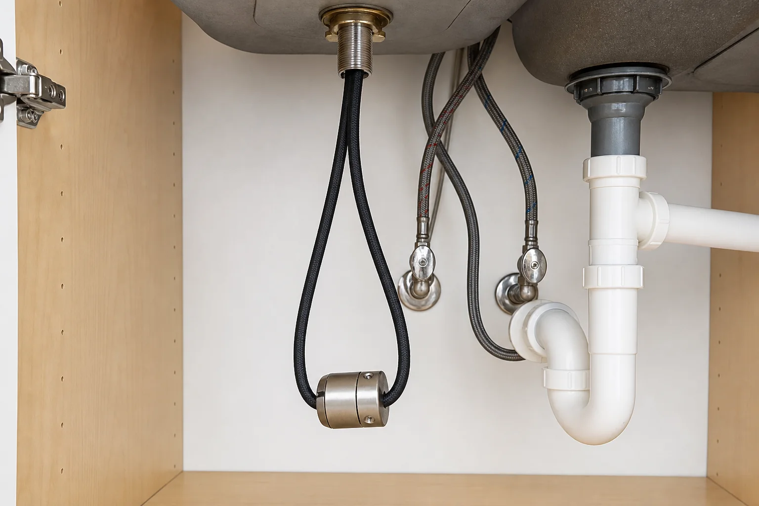 A counterweight clipped onto a pull-down kitchen faucet sprayer hose under the sink so the spray head retracts