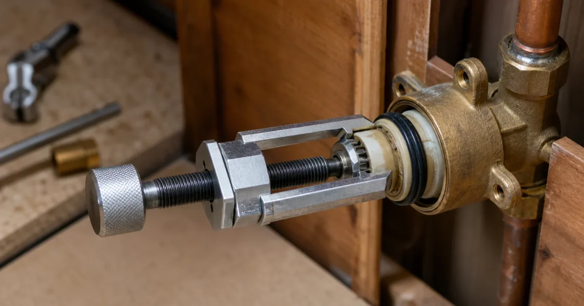 Cartridge puller tool attached to a stuck Moen cartridge in a single-handle faucet valve body