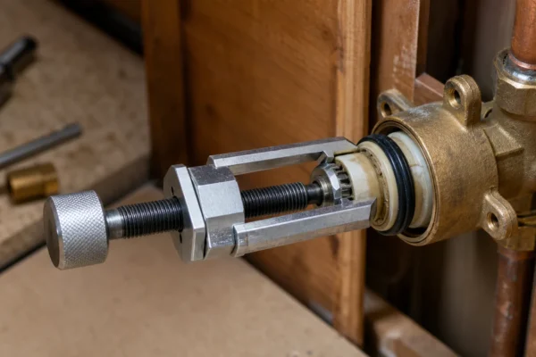 Cartridge puller tool attached to a stuck Moen cartridge in a single-handle faucet valve body