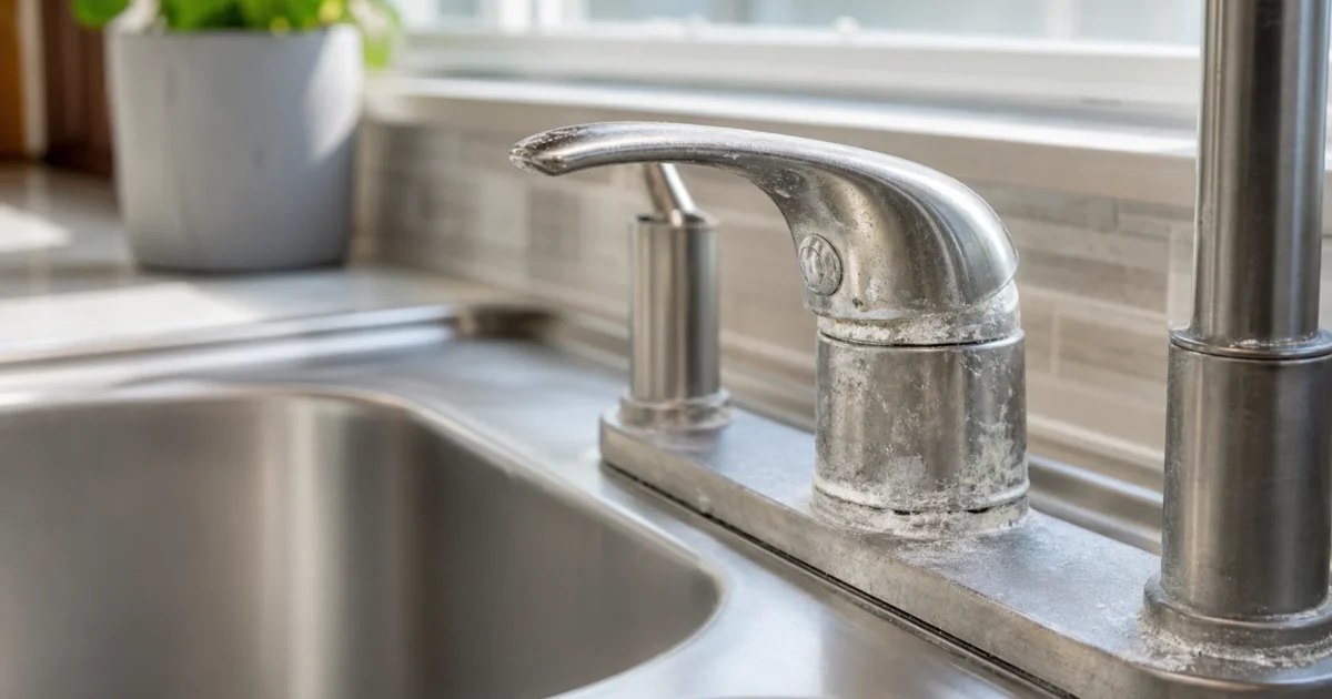 Homeowner gripping a faucet handle hard to turn caused by mineral buildup at the kitchen sink