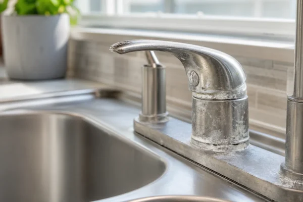 Homeowner gripping a faucet handle hard to turn caused by mineral buildup at the kitchen sink