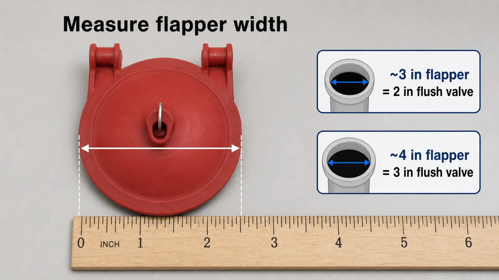 Measuring a toilet flapper against a ruler: about 3 inches wide indicates a 2-inch flush valve, about 4 inches a 3-inch flush valve