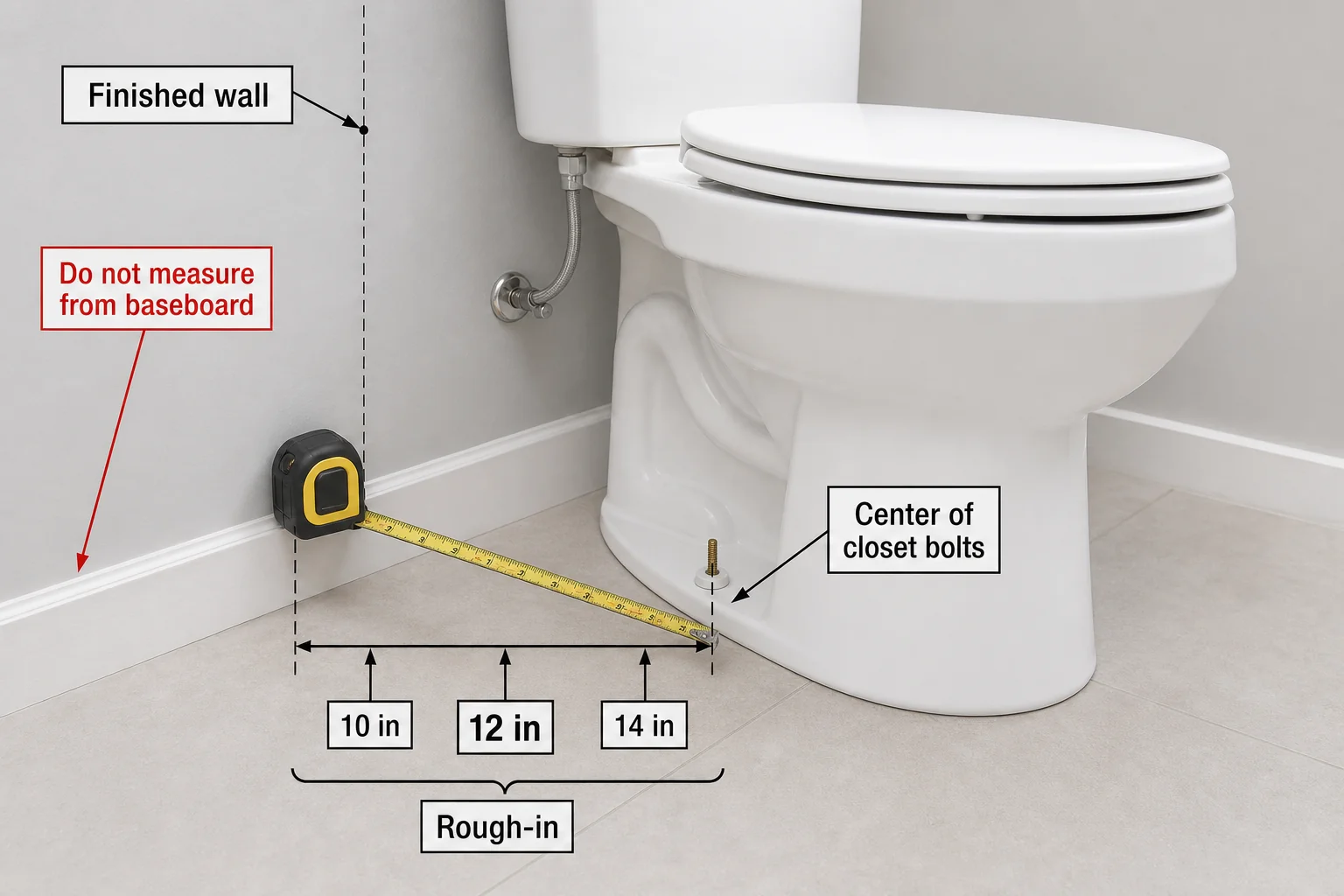 Diagram measuring toilet rough-in from the wall to the center of the closet bolts, showing 10, 12, and 14 inch options