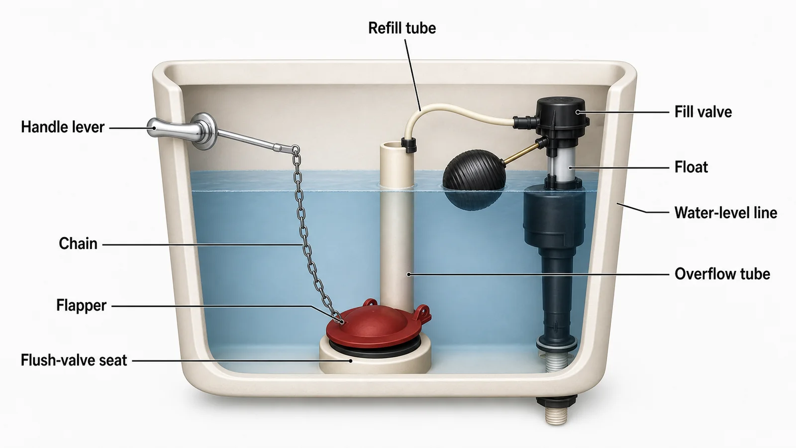 Labeled cutaway diagram of a toilet tank showing the flapper, flush-valve seat, fill valve, float, overflow tube, refill tube, and chain