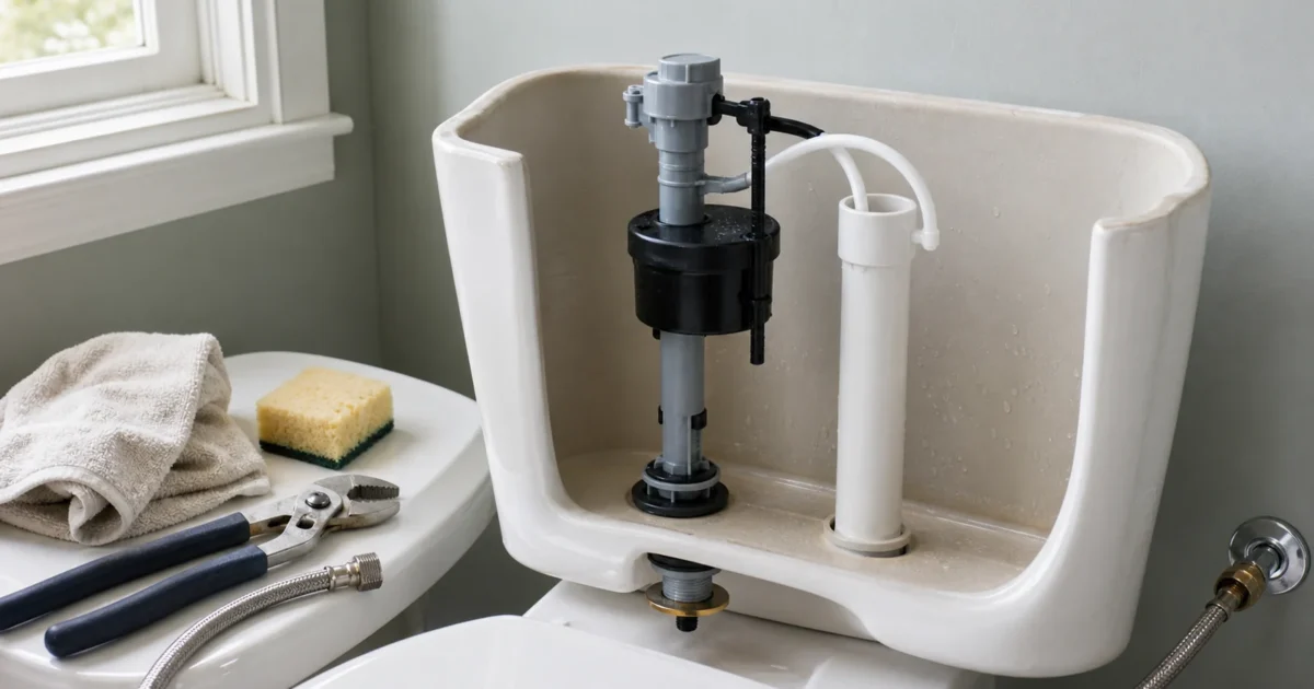 How to replace a toilet fill valve: a homeowner installing a universal anti-siphon fill valve inside an open toilet tank