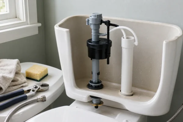 How to replace a toilet fill valve: a homeowner installing a universal anti-siphon fill valve inside an open toilet tank