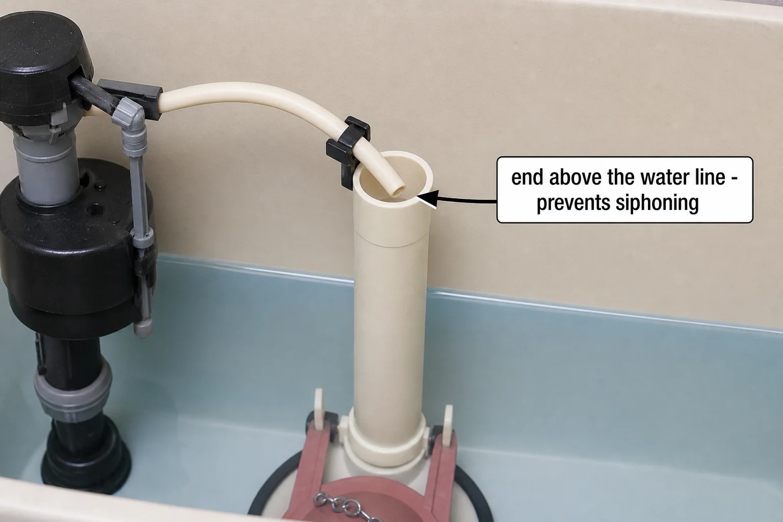 Refill tube clipped to the top of the overflow tube with its end above the water line to prevent siphoning