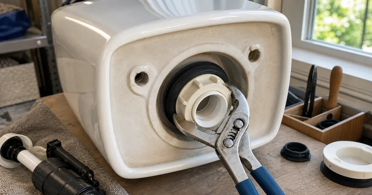 How to replace a toilet flush valve: a homeowner removing the flush valve nut from an inverted toilet tank with slip-joint pliers