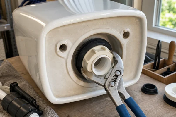 How to replace a toilet flush valve: a homeowner removing the flush valve nut from an inverted toilet tank with slip-joint pliers
