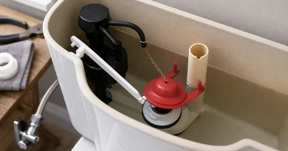 How to replace a toilet flapper: a homeowner clipping a new red rubber flapper onto the flush valve inside a toilet tank