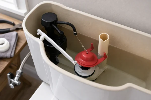 How to replace a toilet flapper: a homeowner clipping a new red rubber flapper onto the flush valve inside a toilet tank
