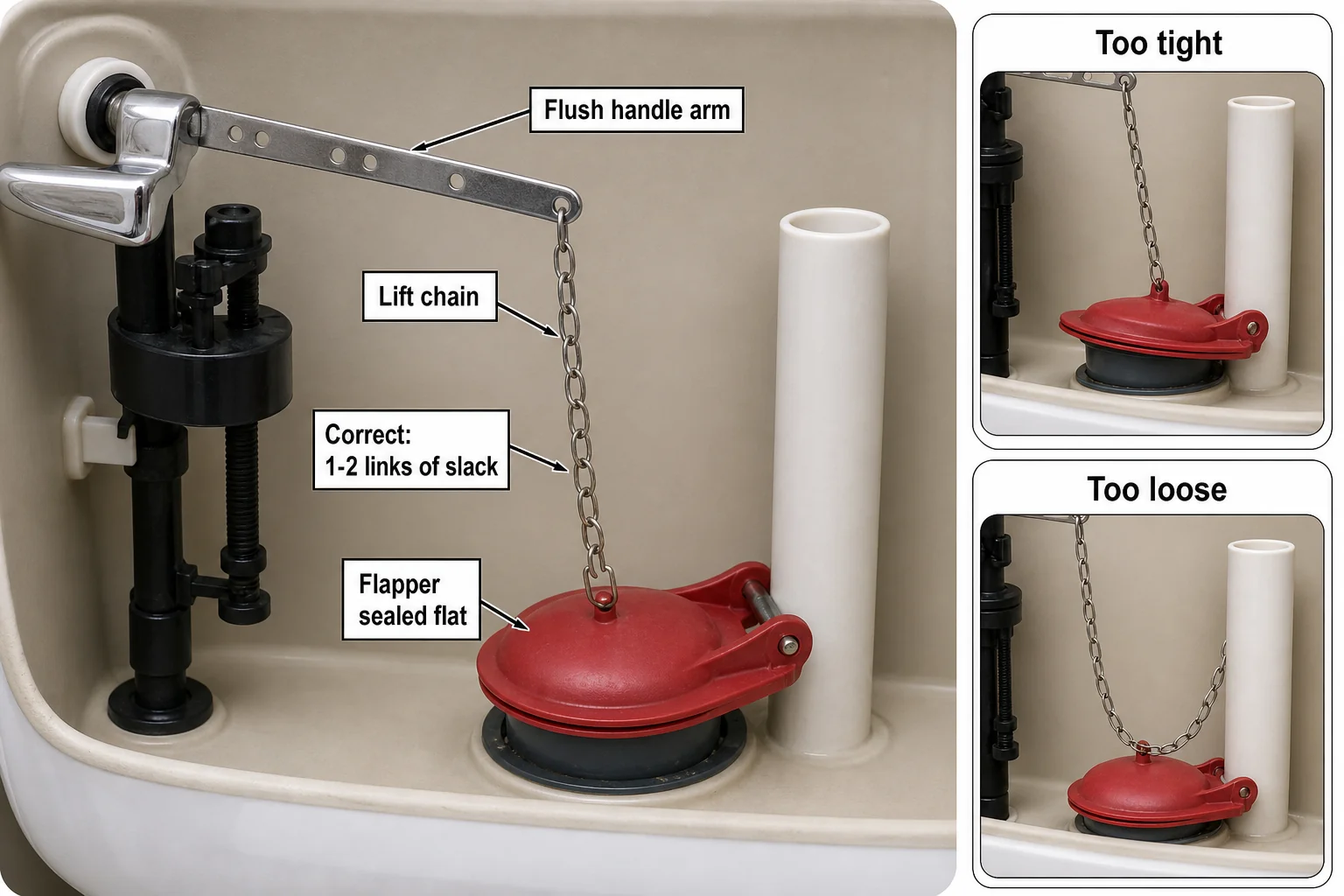 Close-up of toilet flapper lift-chain slack set to one to two links, with too-tight and too-loose contrast callouts