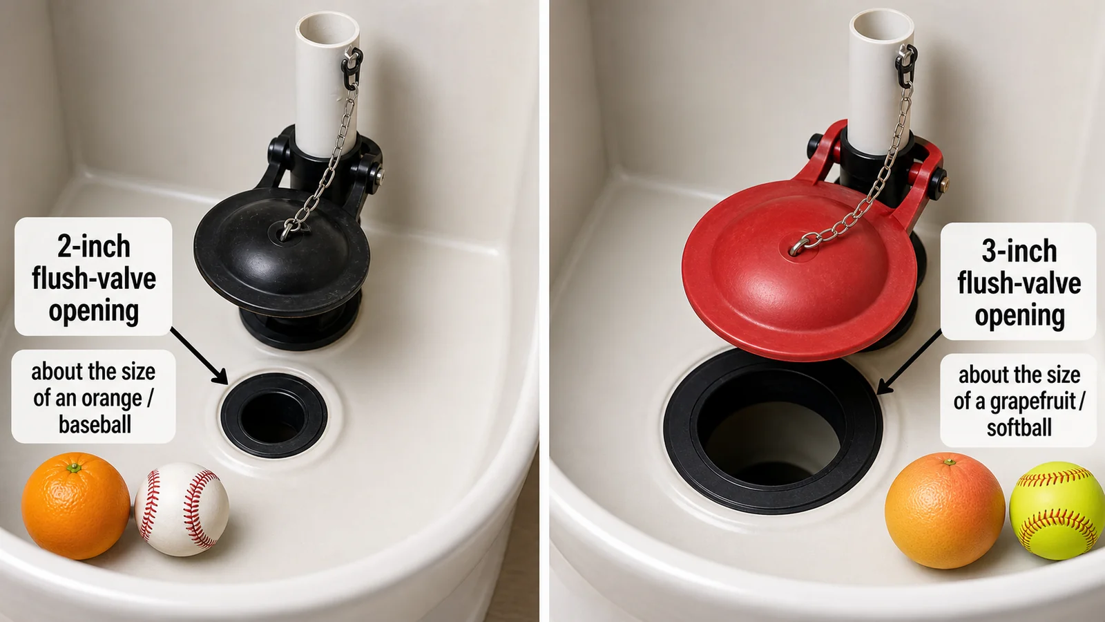 Diagram comparing a 2-inch versus 3-inch toilet flush-valve opening, with orange/baseball and grapefruit/softball size cues