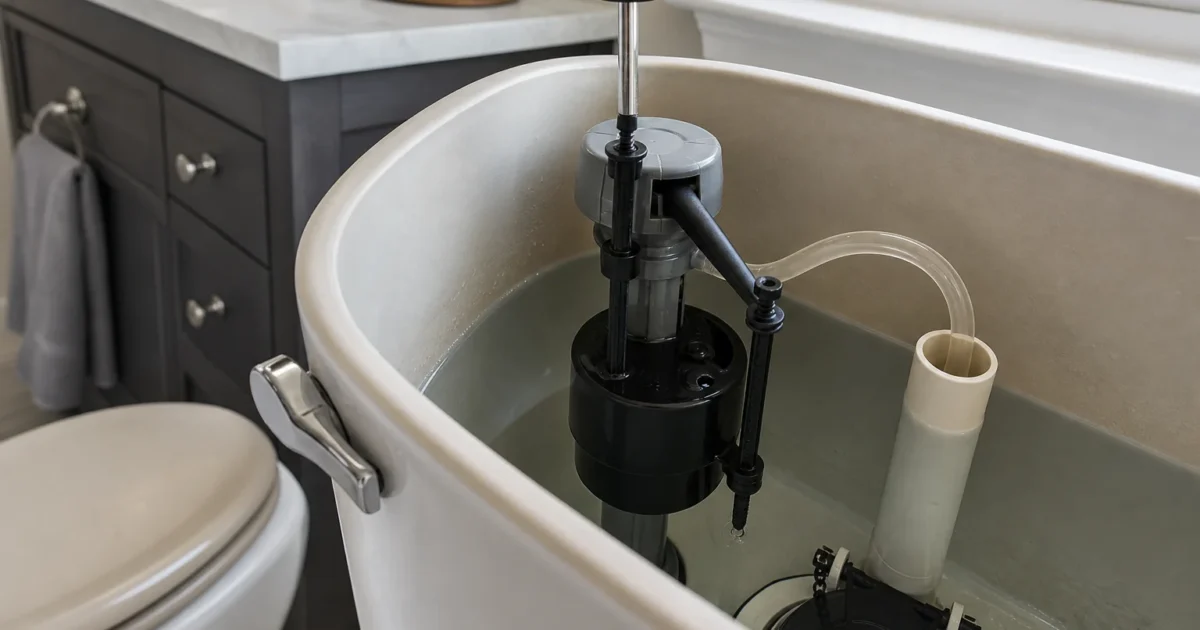 How to adjust toilet tank water level: a homeowner turning the adjustment screw on a Fluidmaster fill valve inside an open toilet tank