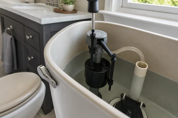 How to adjust toilet tank water level: a homeowner turning the adjustment screw on a Fluidmaster fill valve inside an open toilet tank