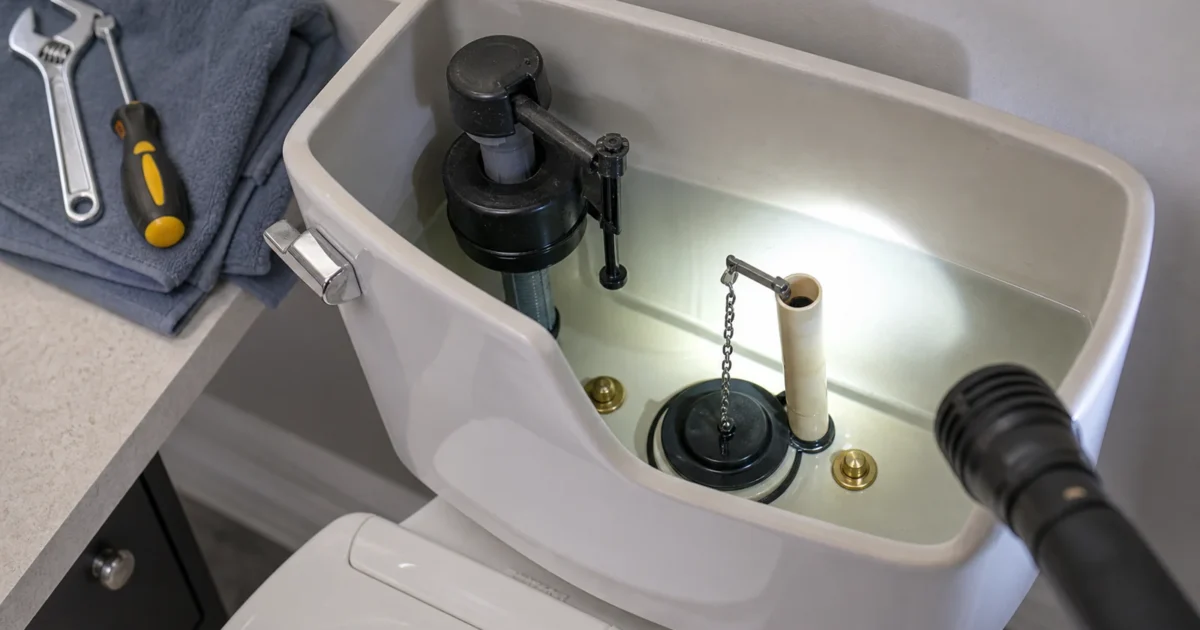 How to fix a leaky toilet tank: a homeowner's hands holding a flashlight and inspecting the interior of an open toilet tank