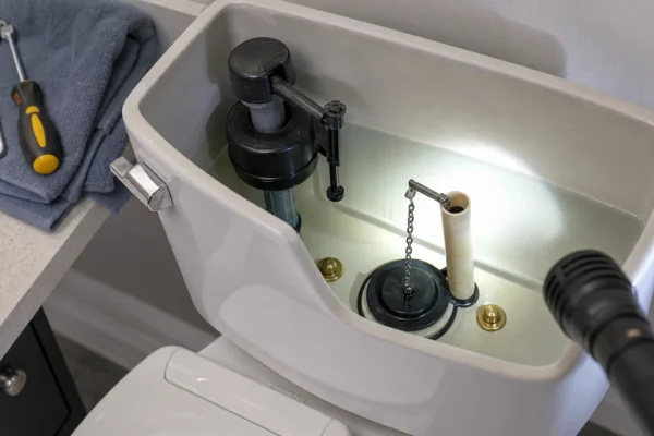 How to fix a leaky toilet tank: a homeowner's hands holding a flashlight and inspecting the interior of an open toilet tank