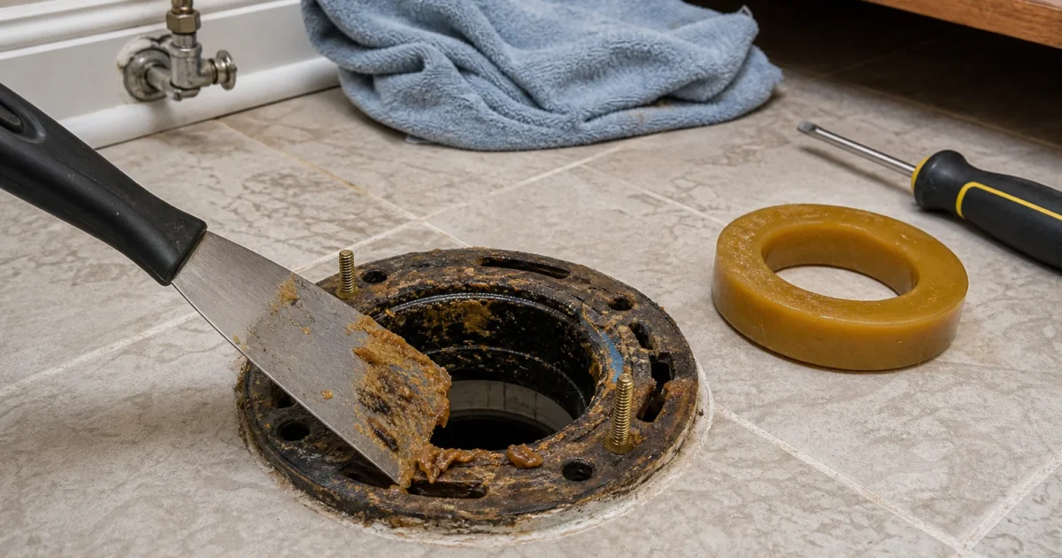 How to fix a leaky toilet bowl: a homeowner scraping old wax from a toilet flange before setting a new wax ring