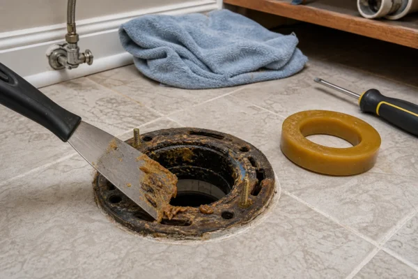 How to fix a leaky toilet bowl: a homeowner scraping old wax from a toilet flange before setting a new wax ring