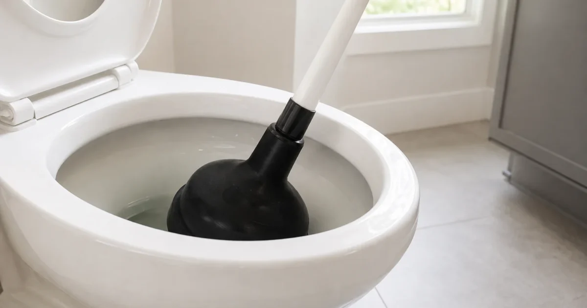 How to unclog a toilet: a homeowner using a black flange plunger in a toilet bowl